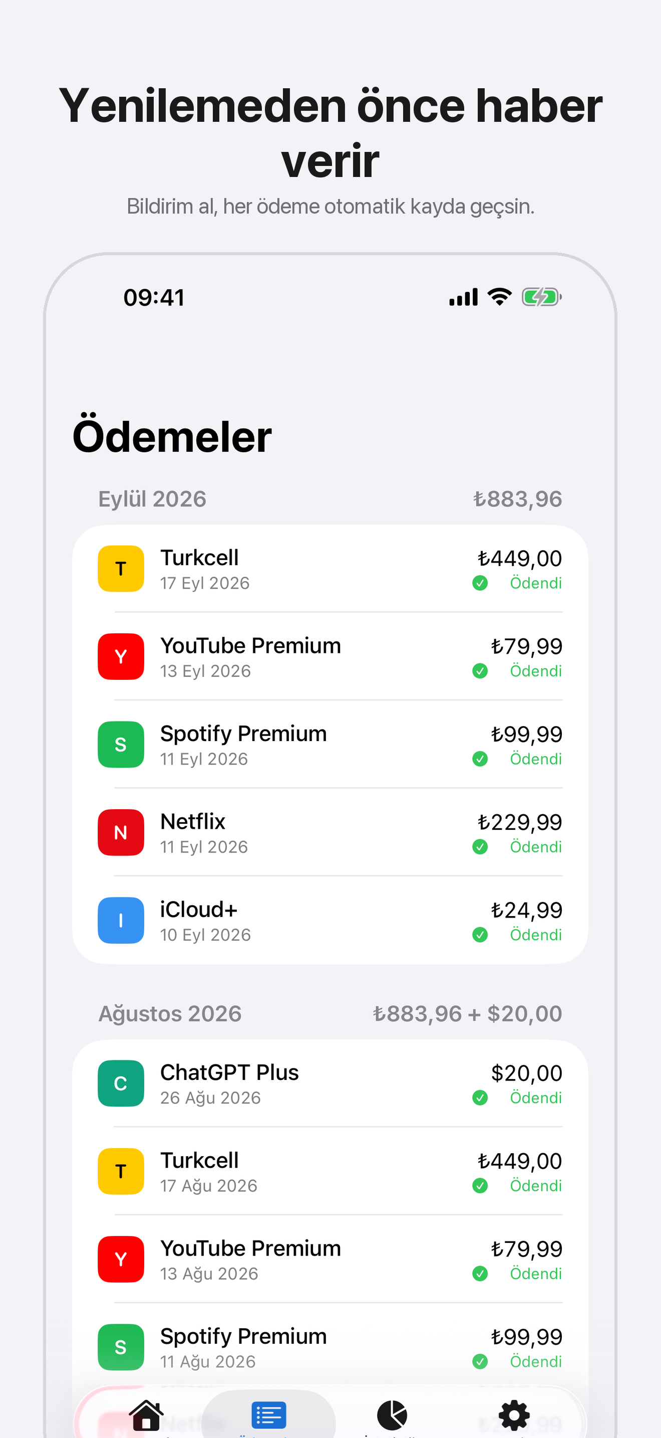 Payloop ödemeler ekranı: yaklaşan yenilemeler ve ödenmiş kayıtlar